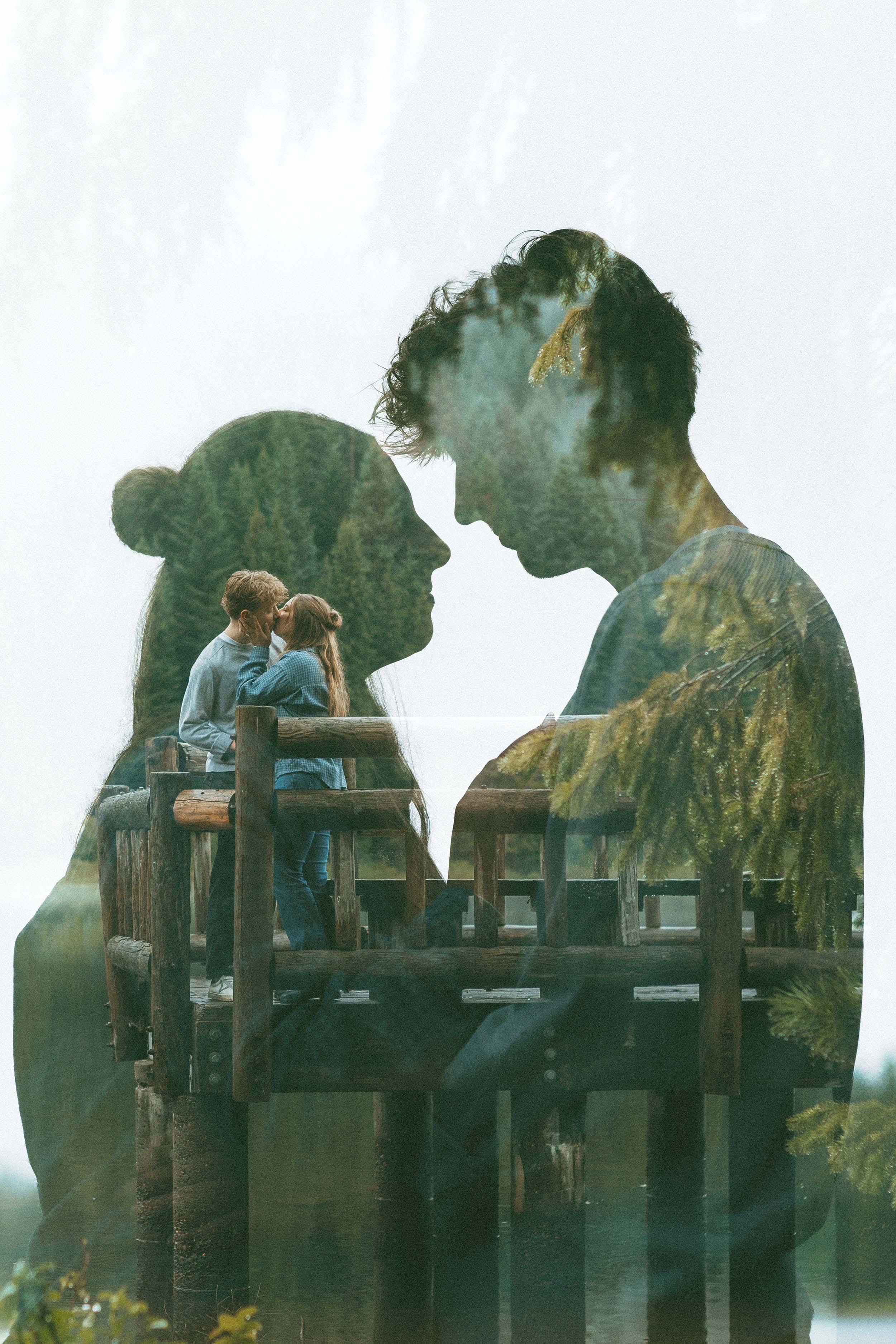 Love story photography — Cinematic double exposure engagement portrait at trillium lake oregon